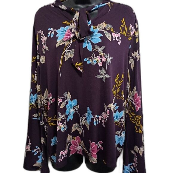 Apt. 9 Shirt XL Floral Print Women's Top Bohemian Flared Sleeves Neck Tie Blouse - Picture 1 of 12